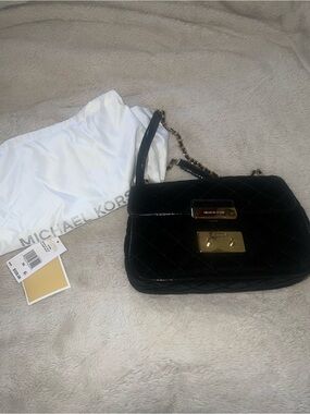 Michael Kors Sloan Black Quilted Velvet Shoulder Bag with Gold Hardware